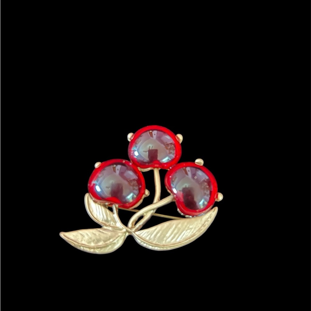 Gold and Red Cherries Gemstone Brooch